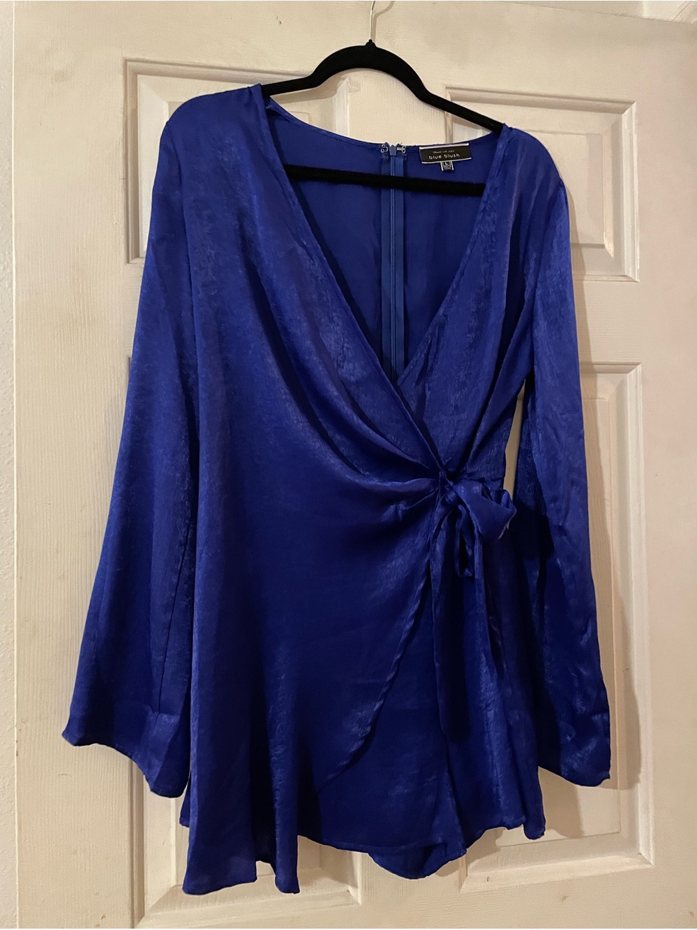 Blue Blush Royal Blue Satin Long Bell Sleeve Faux Wrap Shorts Romper L